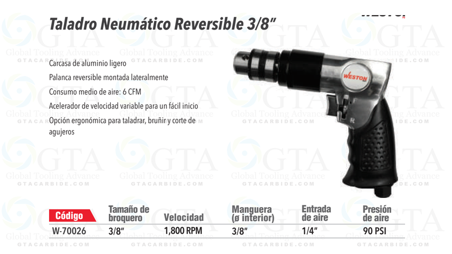 TALADRO NEUMATICO CON CHUCK 3/8" 400 RPM 90 PSI OMEGAN TOOLS ISO 9000