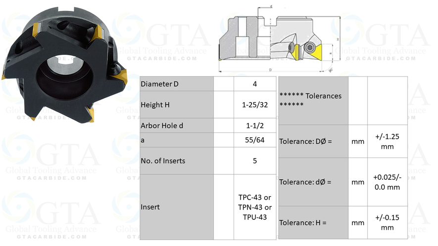 PIÑA CORTADOR PORTA INSERTOS DIAM EXT 4"" DIAM INT 1-1/2"" PARA 5 INSERTOS