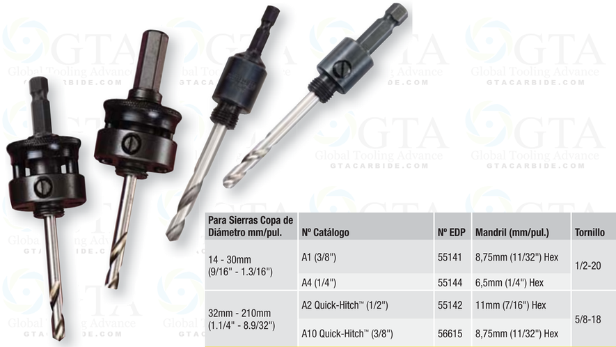 ESPIGA PARA BROCA SIERRA ZR 3/8 ROSCA 1/2-20 ABARCA DE 9/16 A 1-3/16 MODELO A1