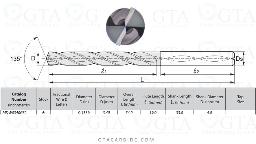 BROCA CARBURO 3.40 MM ( .1339" )MODELO MDW0340GS2