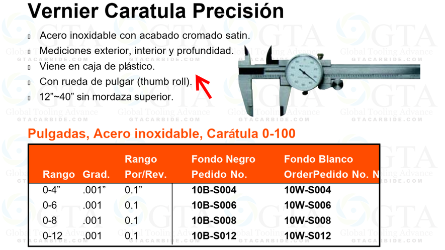 VERNIER CARATULA DE 12"" .001"" FONDO BLANCO .100"/REV MODELO 10W-S012