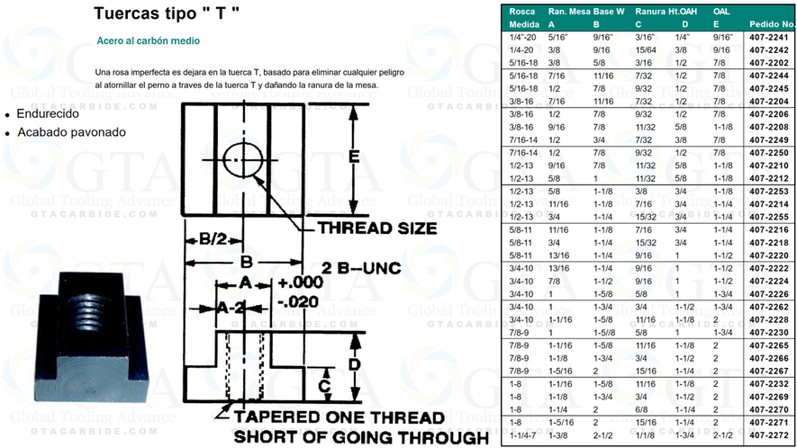 TUERCA TIPO T PARA RANURA DE 5/8 ROSCA 1/2-13 MODELO 407-2212