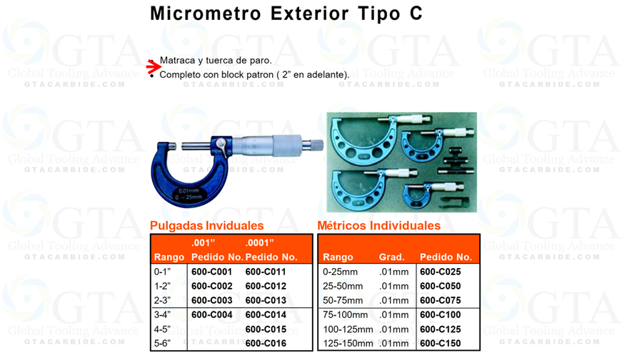 MICROMETRO EXTERIORES MILIMETRICO 125-150 MM GRADUACION .01 MM TIPO C MODELO 600-C150