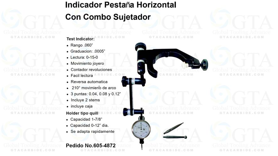 JGO INDICADOR DE PESTAÑA RANGO .060" X .0005" LECTURA 0-15-0 CON BASE QUILL 1-7/8 MODELO 605-4872