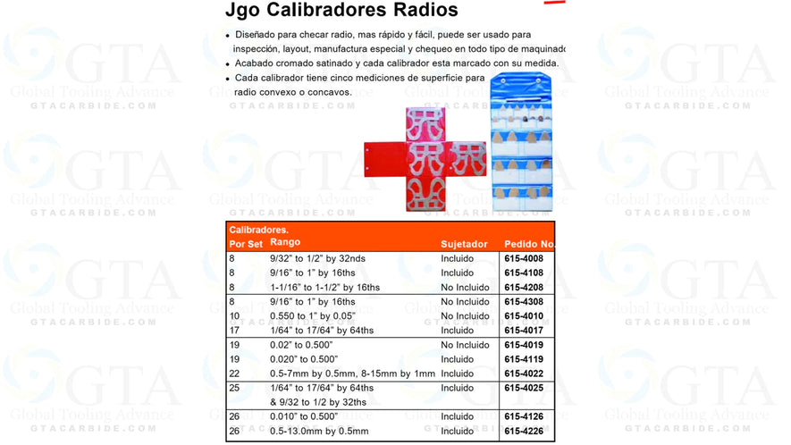 JGO CALIBRADORES DE RADIOS DE 7.5-15 MM PASOS .5 MM 32 HOJAS ,16 CONCAVOS Y CONVEXOS MODELO 615-6555