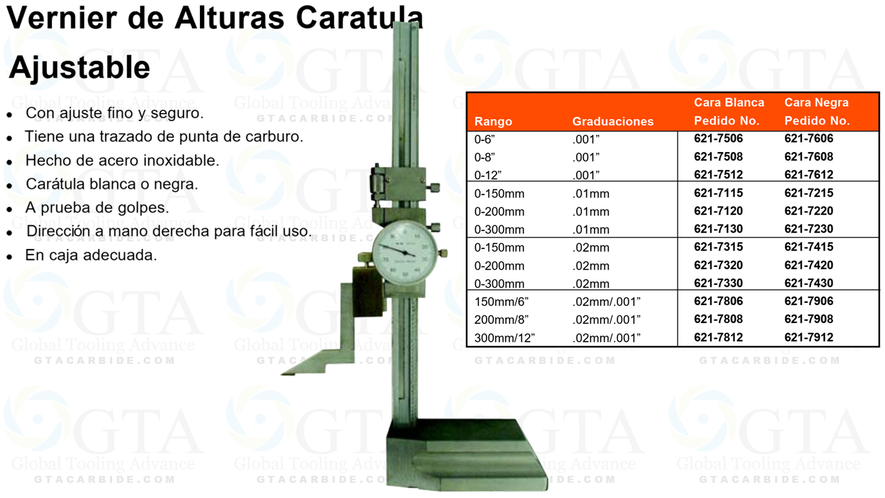 VERNIER ALTURAS 12"" CARATULA DOBLE .001 / .02 MM AJUSTE FINO MODELO 621-7812