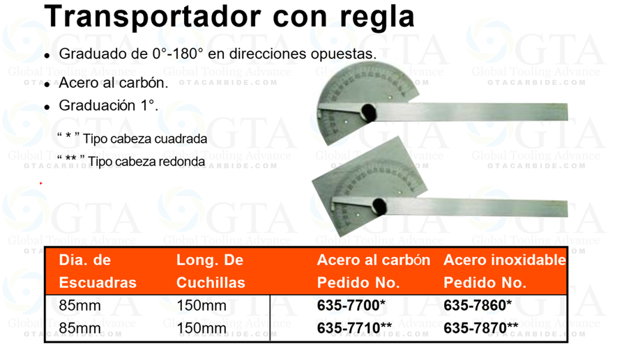 TRANSPORTADOR CON REGLA RECTANGULAR GRADUACION 180 INOXIDABLE MODELO 635-7860
