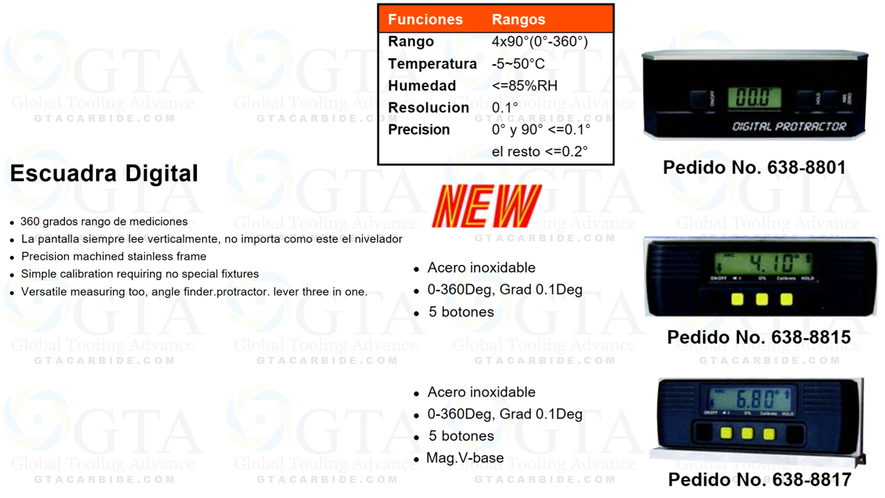 CLINOMETRO BUSCADOR DE ANGULOS RANGO 0-360 INOXIDABLE GRAD. 0.1 BASE MAGNETICA MODELO 638-8817