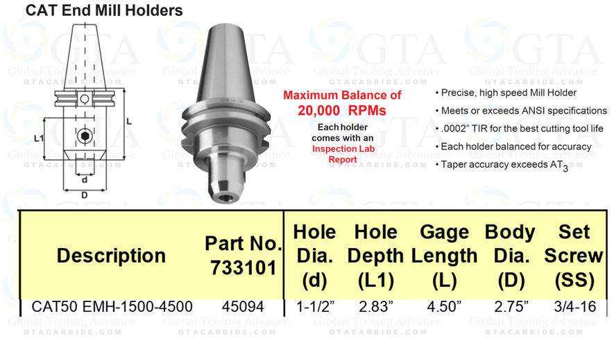 END MILL HOLDER CAT50 PARA END MILL 1-1/2" CAT50 EMH-1500-4500CAT 50 GTA End Mill Holder1-1/2"" ID 4-1/2"" Length