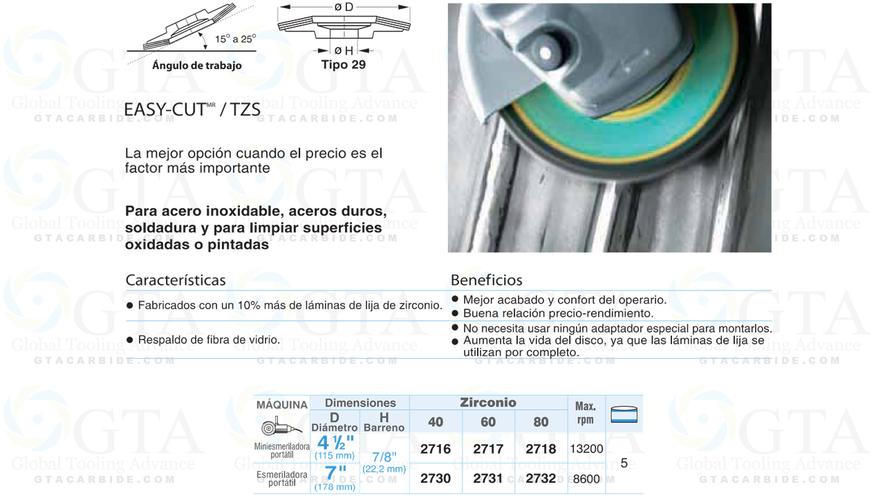 DISCO LAMINADO 4-1/2"" TIPO T29 GRANO 40 GTA CARBIDE MODELO A-2716 CON 72 HOJAS