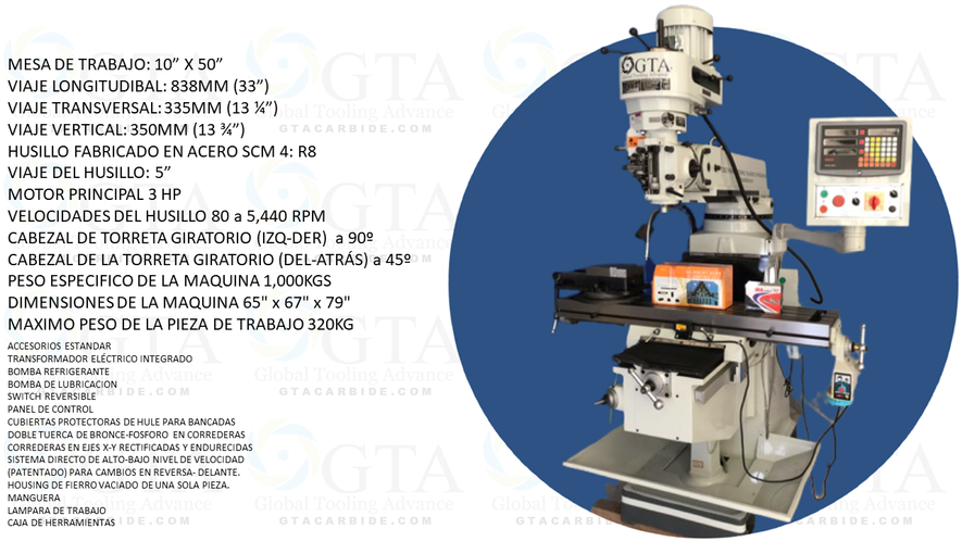 FRESADORA VERTICAL 10" X 50" TRABAJO PESADO