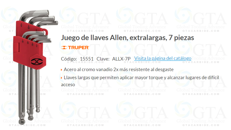 Juego de 7 llaves allen extralargas standard con organizador CLAVE ALLX-7P CODIGO 15551