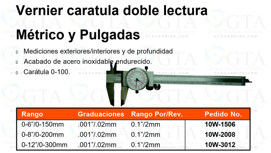 VERNIER CARATULA DOBLE 6""/150mm .001""/.02 MM