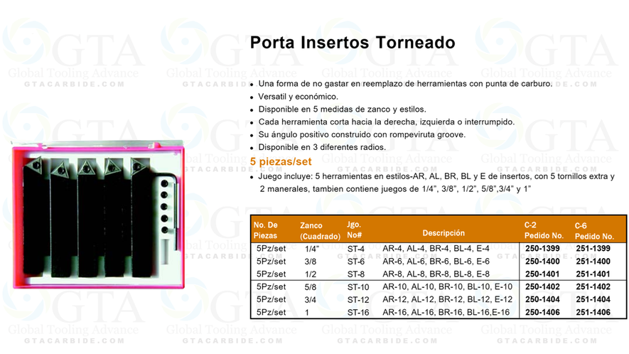 JGO BURILES DE INSERTOS DE  3/8""  AR-6, AL-6, BR-6, BL-6, E-6 5 PZAS MODELO 250-1400