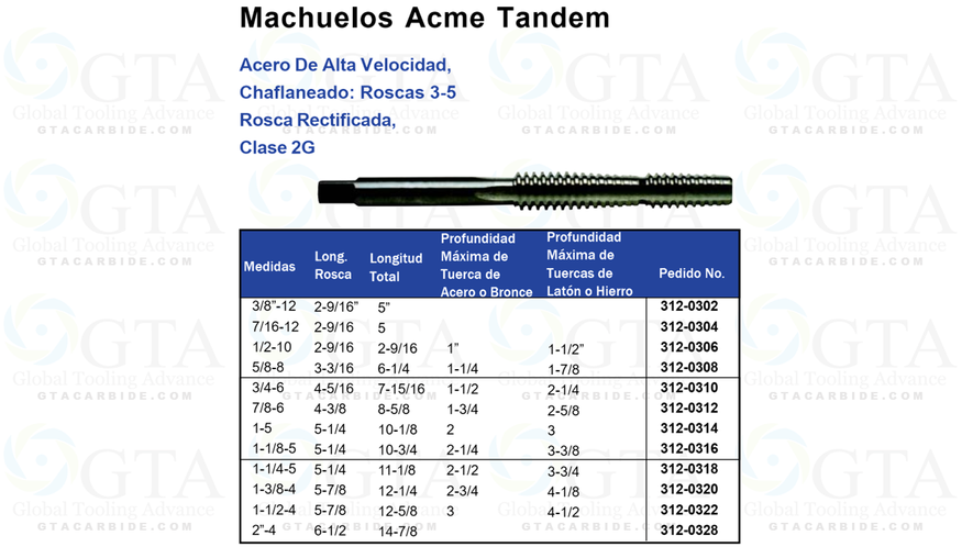 MACHUELO ACME HSS 5/8-8 ACME TANDEM TAPS PLUG 4 FLT 5/8"-8x3-3/16"x6-1/4" RIGHT HAND