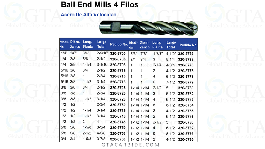 BALL END MILL LARGO 4F HSS ZR 3/8 X 3/8"" CORTE 1-1/2 TOTAL 3-1/4 MODELO 320-3728