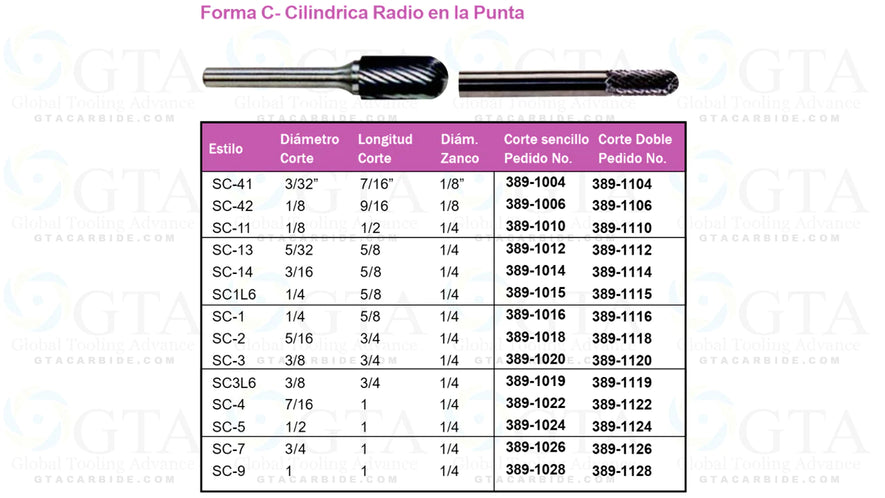 LIMA ROTATIVA CARBURO SC1 DC ZR 1/4 CABEZA 1/4 CORTE 5/8 MODELO 389-1116
