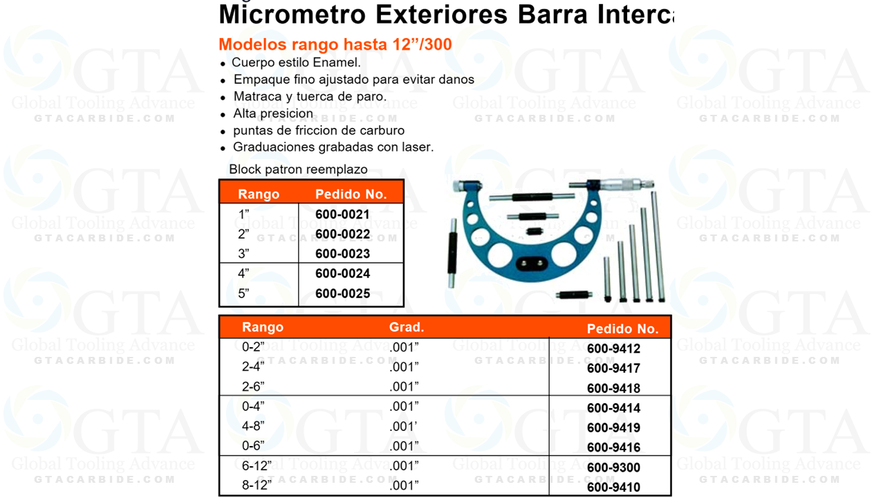 JGO MICROMETROS EXTERIORES 6-12"" BARRAS INTERCAMBIABLES .0001" MODELO 600-9300